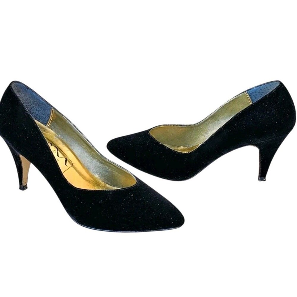 Vintage 90s Touch Of Nina Black Velvet Heels Pumps Shoes Leather Sole 6.5 M